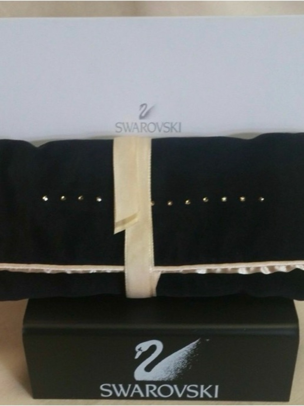 Swarovski Black Velvet Gold Satin Travel Jewelry Roll Pouch Case Organizer NEW